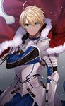  ahoge armor arthur_pendragon_(fate) bad_id bad_pixiv_id bangs blonde_hair blue_eyes breastplate cape cloak closed_mouth fate/prototype fate_(series) fur_trim gambe gauntlets gradient gradient_background greaves green_eyes hair_between_eyes hand_up highres light_smile looking_at_viewer male_focus pauldrons smile solo sword upper_body weapon 