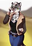  2017 5_fingers anthro breasts broken_tooth cleavage clothed clothing detailed_background digital_media_(artwork) eyewear fangs feline female glasses leopard looking_at_viewer lycangel mammal pink_nose saber-toothed_cat smile solo whiskers yellow_eyes 
