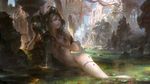  amulet aquarius arch arched_back artist_name blonde_hair breasts building crown green_eyes guangjian_huang highres hip_bones holding long_hair looking_at_viewer md5_mismatch medium_breasts navel nude original ornament outdoors parted_lips partially_submerged pasties petals river rock ruins solo thighlet treasure_chest vase water waterfall watermark web_address 