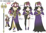  bare_shoulders belt braid breasts cleavage concept_art dress earrings fire_emblem fire_emblem_heroes full_body fur_trim garter_straps hat high_heels jewelry large_breasts lipstick loki_(fire_emblem_heroes) long_hair maeshima_shigeki makeup multiple_views official_art purple_eyes purple_hair simple_background single_thighhigh smile staff thighhighs translated turnaround white_background 