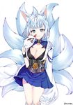  animal_ears azur_lane bangs blue_eyes blue_skirt blunt_bangs blush breasts cleavage closed_mouth commentary_request fox_ears fox_mask fox_tail hakama_skirt highres japanese_clothes kaga_(azur_lane) large_breasts long_sleeves looking_at_viewer mask multiple_tails reel37891 short_hair silver_hair simple_background skirt smile solo tail white_background wide_sleeves 
