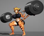  abs absurd_res anthro big_breasts black_stripes blonde_hair breasts claws clothing crouching exercise feline green_eyes hair hi_res invalid_tag mammal muscular saffron_(safurantora) safurantora stripes tiger weightlifting weights workout 