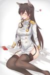  animal_ears atago_(azur_lane) azur_lane black_hair blush breasts brown_eyes commentary_request extra_ears food garter_straps gloves heart highres large_breasts long_hair long_sleeves looking_at_viewer military military_uniform miniskirt mole mole_under_eye mouth_hold pencil_skirt pocky pocky_day sitting skirt solo thighhighs uniform white_gloves yusha_(m-gata) 