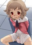  1girl atra_mixta bleeding blood bottomless female gundam gundam_tekketsu_no_orphans harukaze_unipo injury nosebleed open_mouth panties panty_pull red_eyes ryona sitting solo tears underwear 