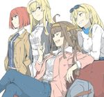  alternate_costume ark_royal_(kantai_collection) belt black_jacket blonde_hair braid brown_jacket closed_eyes denim eyewear_on_head french_braid grin jacket jeans kantai_collection kongou_(kantai_collection) long_hair multiple_girls ninimo_nimo no_hairband open_mouth pants pink_jacket red_hair richelieu_(kantai_collection) shirt short_hair simple_background smile sunglasses warspite_(kantai_collection) white_background white_shirt 