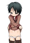  1girl black_hair embarrassed female harukaze_unipo kantai_collection mogami_(kantai_collection) mound_of_venus panties sailor_collar short_hair shorts shorts_pull simple_background solo underwear undressing white_background 