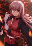 bandage_over_one_eye between_breasts blush breasts brown_hair closed_mouth commentary_request eyebrows_visible_through_hair fate/grand_order fate_(series) florence_nightingale_(fate/grand_order) gloves large_breasts long_hair looking_at_viewer red_eyes solo strap_cleavage takamiya_nao white_gloves 