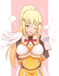  armor blonde_hair blue_eyes blush breasts breath darkness_(konosuba) hair_ornament heavy_breathing highres kono_subarashii_sekai_ni_shukufuku_wo! large_breasts long_hair looking_at_viewer one_eye_closed open_mouth ponytail shiguma_(signalmass) solo sweat 