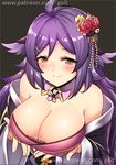  ahoge animal_ears azur_lane bare_shoulders blush breasts brown_eyes cleavage commentary_request eyebrows_visible_through_hair flower go-it hair_flower hair_ornament houshou_(azur_lane) japanese_clothes kimono large_breasts long_hair off_shoulder purple_hair smile solo watermark web_address 