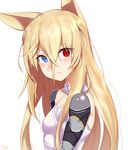  animal_ears armor armpit_peek bangs blonde_hair blush breasts choker closed_mouth commentary dress elbow_gloves expressionless eyebrows_visible_through_hair eyes_visible_through_hair from_side g41_(girls_frontline) girls_frontline gloves hair_between_eyes heterochromia highres kuki_panda_(wkdwnsgk13) lips lipstick long_hair looking_at_viewer makeup signature simple_background small_breasts solo symbol-shaped_pupils very_long_hair white_background white_choker 