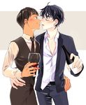  bad_id bad_pixiv_id black_hair blush bottle closed_eyes cup dark_skin dark_skinned_male drinking_glass grey_eyes hand_on_another's_hip imminent_kiss lee_seung-gil male_focus multiple_boys necktie open_clothes open_shirt phichit_chulanont shirt smile waistcoat wine_glass yaoi yuri!!!_on_ice yuuki_(kkurcc) 
