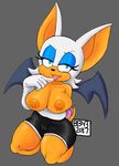  2017 anthro anthrofied bat big_breasts black_nose blue_eyes breasts bullet-blast-43 camel_toe clothed clothing eyelashes female fur gloves grey_background huge_breasts mammal nipples raised_eyebrow rouge_the_bat simple_background smile sonic_(series) tongue tongue_out topless white_fur wings 