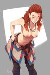  aloy_(horizon) blush breasts brown_hair cleavage commentary english_commentary feguimel grey_eyes horizon_zero_dawn long_hair medium_breasts moderate_pubic_hair navel nipples pubic_hair solo topless 