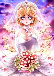  absurdres blonde_hair blue_eyes bouquet breasts bridal_veil choker cleavage commentary dress earrings elbow_gloves english_commentary eyeliner eyes flower gloves gold_trim hat highres invidiata jewelry large_breasts long_hair looking_at_viewer makeup mario_(series) parted_lips petals piranha_plant princess_peach solo strapless strapless_dress super_mario_bros. super_mario_odyssey veil wedding_dress white_gloves 