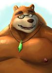  2017 anthro bear belly brown_fur eyewear fenrirwolfen fur glasses hat male mammal moobs nipples overweight overweight_male solo straw_hat tokyo_afterschool_summoners volos 