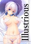  ass_visible_through_thighs azur_lane blue_eyes breasts character_name collarbone cover cover_page covering covering_breasts covering_nipples cowboy_shot doujin_cover eyebrows_visible_through_hair garter_straps gloves hair_ribbon hat highres illustrious_(azur_lane) large_breasts long_hair looking_at_viewer navel panties purple_hat ribbon simple_background smile solo tatapopo topless twintails underwear very_long_hair white_background white_garter white_gloves white_hair white_panties 