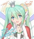  2017 :d absurdres artist_name bangs blue_eyes cape commentary_request crown eyebrows_visible_through_hair flower frills fur_trim goodsmile_racing green_hair hair_flower hair_ornament hatsune_miku highres long_hair looking_at_viewer open_mouth racing_miku racing_miku_(2017) signature simple_background smile solo tanaka_takayuki translation_request twintails upper_body vocaloid 