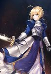  ahoge armor artoria_pendragon_(all) bangs blonde_hair blue_dress braid breastplate commentary_request dress embers eyebrows_visible_through_hair fate/grand_order fate_(series) faulds french_braid gauntlets green_eyes holding holding_sword holding_weapon juliet_sleeves long_sleeves looking_to_the_side parted_lips puffy_sleeves saber serious sidelocks solo standing sword tsurime weapon yumaomi 