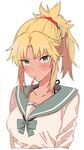  alternate_costume blonde_hair blush braid cropped_torso fate/grand_order fate_(series) food french_braid green_eyes mordred_(fate)_(all) mordred_(swimsuit_rider)_(fate) mouth_hold pocky ponytail school_uniform serafuku solo sweatdrop wani_(mezo) 