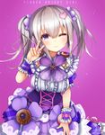  candy_hair_ornament checkerboard_cookie chocolate_doughnut closed_mouth cookie copyright_name cowboy_shot doughnut dress flower_knight_girl food food_themed_hair_ornament frills grey_hair hair_ornament heart heart_hair_ornament iberis_(flower_knight_girl) looking_at_viewer one_eye_closed purple purple_background purple_eyes short_hair simple_background smile solo suzume_(simple0091) twintails v wrist_cuffs 