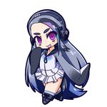  :d black_hair blue_hair blush chibi full_body giant_penguin_(kemono_friends) headphones jacket kemono_friends long_hair looking_at_viewer multicolored_hair nanarokushiki no_nose open_mouth purple_eyes silver_hair skirt smile solo thick_eyebrows transparent_background very_long_hair 