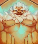  2017 abs abstract_background athletic beard biceps blue_eyes blue_fire breath_of_the_wild colored daruk facial_hair fire front_view goron hair hi_res humanoid looking_at_viewer male mane monster muscular mustache nintendo nipples not_furry nude quorum-s simple_background smile solo standing the_legend_of_zelda video_games wall_(disambiguation) white_hair yellow_background yellow_body 