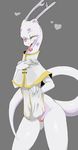  &lt;3 2017 4_fingers anthro claws clothing coffeechicken dragon female hi_res looking_at_viewer lucia_(paledrake) presenting pussy reptile scalie simple_background slit_pupils solo tongue tongue_out white_background white_skin yellow_eyes 