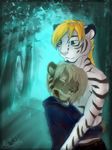  anthro blonde_hair clothed clothing digital_media_(artwork) duo falla feline female fur green_eyes hair hug male mammal smile smilek striped_fur stripes tiger white_fur 