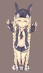  absurdres ahokoo animal_hat animal_print bangs blonde_hair braid bunny_hat bunny_print collarbone dog_tags fingerless_gloves flat_chest full_body girls_frontline gloves grey_background hair_between_eyes hair_ornament half-closed_eyes hat highres long_hair looking_at_viewer miniskirt navel necktie no_bra open_clothes open_mouth open_shirt outstretched_arms pink_eyes platform_footwear pleated_skirt sandals shirt short_necktie simple_background skirt sleeveless sleeveless_shirt solo sr-3mp_(girls_frontline) standing teeth thigh_strap twin_braids twintails very_long_hair vest white_shirt wing_collar 