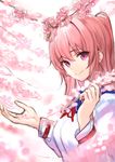  cherry_blossoms eyebrows_visible_through_hair flower hair_between_eyes haruato highres long_hair looking_at_viewer neck_ribbon original pink_flower pink_hair purple_eyes red_ribbon ribbon shirt solo white_shirt 
