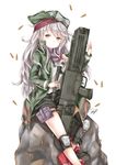  :t assault_rifle black_shorts blush brown_eyes bullet chohee closed_mouth eyebrows_visible_through_hair g11 g11_(girls_frontline) girls_frontline green_hat green_jacket gun hair_between_eyes hat head_tilt highres holding holding_gun holding_weapon jacket knee_pads long_hair long_sleeves looking_at_viewer open_clothes open_jacket red_footwear rifle rock shirt shorts signature silver_hair simple_background sitting solo thigh_strap very_long_hair weapon white_background white_shirt 