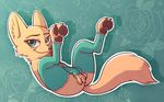  2017 abstract_background anthro arm_warmers armwear blush canine clothing covering covering_crotch disney female fox fuel_(artist) legs_up legwear looking_at_viewer lying mammal mostly_nude on_back pawpads skye_(zootopia) smile solo spread_legs spreading stockings teal_eyes zootopia 