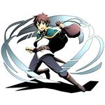  bag black_pants boots brown_footwear brown_hair capelet divine_gate full_body green_eyes holding holding_bag holding_sword holding_weapon kono_subarashii_sekai_ni_shukufuku_wo! male_focus official_art pants satou_kazuma sheath sheathed shirt short_hair sword transparent_background ucmm weapon white_shirt 