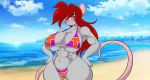  anthro beach big_breasts big_muscles bikini breasts buckteeth cleavage clothed clothing digital_media_(artwork) eye_through_hair eyebrows_visible_through_hair female fur grey_fur hair hands_on_hips huge_breasts long_hair long_tail looking_at_viewer mammal mastergodai mouse muscular muscular_female purple_eyes red_cheeks red_hair rodent seaside solo standing swimsuit teeth translucent_hair 