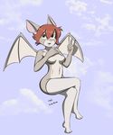 2017 anthro bat bat_wings bossy_the_bat breasts brown_hair clothing female flying fur grey_fur hair legwear mammal membranous_wings mostly_nude navel open_mouth pink_nose red_hair sailoranna solo thigh_highs wings 