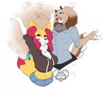  2017 4_fingers anthro autumn braixen breasts canine caprine clothing dog duo eyebrows fan_character female goat half-length_portrait hoodie hybrid inner_ear_fluff jeans kittydee leaves looking_up mammal mane midriff navel nintendo pants pok&eacute;mon pok&eacute;mon_(species) portrait purple_eyes raised_arm red_eyes red_nose ribbons sally_hazel scarf seraphine_(roflfox) shirt simple_background smile stick video_games 
