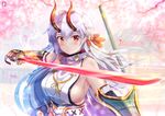  armor blurry blurry_background breasts cherry_blossoms chinchongcha closed_mouth detached_sleeves fate/grand_order fate_(series) hair_between_eyes headband highres horns japanese_armor japanese_clothes large_breasts long_hair looking_at_viewer obi oni_horns red_eyes sash sideboob silver_hair smile solo sword tomoe_gozen_(fate/grand_order) weapon 