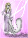  2015 anthro barefoot blonde_hair cat digital_media_(artwork) feline female fur grass grey_fur hair mammal midriff pink_nose smile smilek solo 