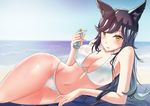  animal_ears atago_(azur_lane) azur_lane bangs beach bikini black_hair bottle breasts brown_eyes day gan-viking highres horizon large_breasts long_hair looking_at_viewer lying md5_mismatch ocean on_side outdoors solo swimsuit white_bikini wolf_ears 