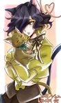  :3 animal animal_ears artist_name black_hair bow bowtie cat cat_ears cat_tail closed_eyes dated fangs green_bow hair_over_one_eye heart highres holding holding_animal holding_cat kiraki leiur_darahim multicolored_hair orange_hair senki_zesshou_symphogear short_hair tail two-tone_hair yellow_eyes 