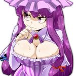  aono3 breasts brooch capelet cleavage cleavage_cutout commentary_request dress eyebrows_visible_through_hair furrowed_eyebrows hat jewelry large_breasts long_hair looking_to_the_side mob_cap patchouli_knowledge purple_eyes purple_hair shiny shiny_hair solo striped striped_dress sweat touhou very_long_hair white_background 