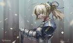  2017 absurdres ahoge armor artist_name artoria_pendragon_(all) blonde_hair blue_ribbon braid breastplate character_name commentary_request dated fate/stay_night fate_(series) french_braid green_eyes gunppang hair_ribbon highres juliet_sleeves long_sleeves painterly planted_sword planted_weapon ponytail puffy_sleeves ribbon saber serious solo sword upper_body weapon 