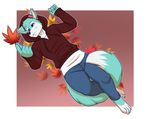  2017 anthro autumn blue_eyes canine clothing eyebrows fox fur_markings holding_object hoodie jeans lavenderpandy leaves lying male mammal markings on_back pants roflfox shirt simple_background solo 