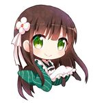  ama_usa_an_uniform apron bangs black_footwear blunt_bangs blush brown_hair chibi closed_mouth commentary eyebrows_visible_through_hair flower frilled_apron frills full_body gochuumon_wa_usagi_desu_ka? green_eyes green_kimono hair_flower hair_ornament japanese_clothes kimono long_hair looking_at_viewer maid_apron massala polka_dot_trim ribbon simple_background sleeves_past_wrists smile solo striped striped_kimono ujimatsu_chiya vertical-striped_kimono vertical_stripes white_apron white_background white_flower white_ribbon wide_sleeves 