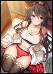  ass_visible_through_thighs bangs black_border black_legwear blush border breasts brown_hair buruma cameltoe cleavage collarbone commentary_request cover cover_page day detached_sleeves doujin_cover exe_(xe) from_above hair_between_eyes hairband haruna_(kantai_collection) indoors kantai_collection large_breasts long_hair navel nontraditional_miko parted_lips pleated_skirt red_buruma red_skirt ribbon-trimmed_sleeves ribbon_trim see-through sidelocks sitting skirt skirt_removed solo sports_bra stomach sweat thighhighs thighs very_long_hair windowboxed wooden_floor yellow_eyes 