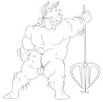  anothermeekone anthro arm_hair asgore_dreemurr balls barefoot beard black_and_white butt facial_hair horn leg_hair looking_back male male_focus monochrome muscular muscular_male nude simple_background solo standing undertale video_games weapon white_background 