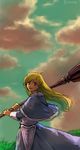  :d ahoge aqua_sky armor armored_dress bangs blonde_hair blue_capelet blue_dress blue_eyes bright_pupils capelet cloud cloudy_sky copyright_name day dress dusk elona eyebrows floating_hair golden_knight_(elona) grass herayoshi highres holding holding_weapon long_hair long_sleeves looking_at_viewer mace open_mouth outdoors over_shoulder sky smile solo standing swept_bangs teeth tongue weapon weapon_over_shoulder white_pupils wind wind_lift 