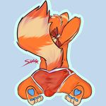  2017 anthro big_tail bulge butt clothed clothing feet fur hi_res male mammal orange_fur pawpads rear_view red_panda sharkall simple_background solo tan_fur topless underwear 