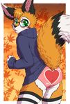  2017 anthro balls big_tail black_fur black_nose blush bulge butt canine clothed clothing digital_media_(artwork) eyewear fox fur girly glasses green_eyes haiku_(character) hair hi_res hybrid looking_at_viewer lovelesskiax_(artist) male mammal multicolored_tail open_mouth panties presenting presenting_hindquarters simple_background smile solo standing sweater underwear white_fur 