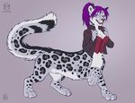  2017 bottomless breasts chakat chakat_swiftwind cleavage clothed clothing feline female fur hair kacey leopard mammal open_mouth pink_nose purple_hair snow_leopard solo taur whiskers white_fur 